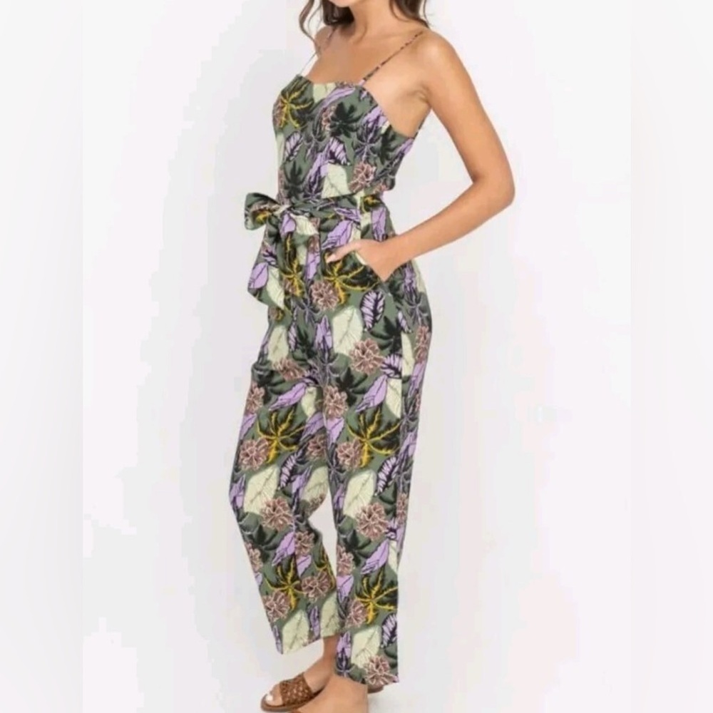 Lush Purple Green Tropical Front Tie Jumpsuit Size Medium